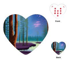 Artwork Outdoors Night Trees Setting Scene Forest Woods Light Moonlight Nature Playing Cards Single Design (heart) by Posterlux