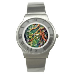 Outdoors Night Setting Scene Forest Woods Light Moonlight Nature Wilderness Leaves Branches Abstract Stainless Steel Watch by Posterlux