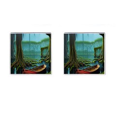 Boat Canoe Swamp Bayou Roots Moss Log Nature Scene Landscape Water Lake Setting Abandoned Rowboat Fi Cufflinks (square) by Posterlux