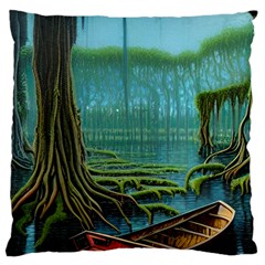 Boat Canoe Swamp Bayou Roots Moss Log Nature Scene Landscape Water Lake Setting Abandoned Rowboat Fi Large Cushion Case (two Sides) by Posterlux