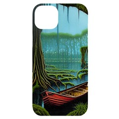 Boat Canoe Swamp Bayou Roots Moss Log Nature Scene Landscape Water Lake Setting Abandoned Rowboat Fi Iphone 14 Plus Black Uv Print Case by Posterlux