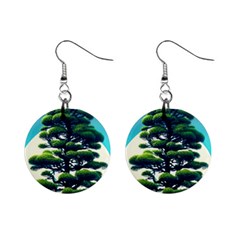 Pine Moon Tree Landscape Nature Scene Stars Setting Night Midnight Full Moon Mini Button Earrings by Posterlux