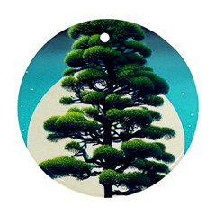 Pine Moon Tree Landscape Nature Scene Stars Setting Night Midnight Full Moon Round Ornament (two Sides) by Posterlux