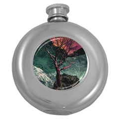 Night Sky Nature Tree Night Landscape Forest Galaxy Fantasy Dark Sky Planet Round Hip Flask (5 Oz) by Posterlux