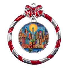 City New York Nyc Skyscraper Skyline Downtown Night Business Urban Travel Landmark Building Architec Metal Red Ribbon Round Ornament by Posterlux