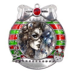 Woman In Space Metal X mas Ribbon With Red Crystal Round Ornament by CKArtCreations