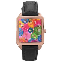 Colorful Abstract Patterns Rose Gold Leather Watch 