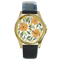 Flower Petal Plant Leaves Round Gold Metal Watch by Maspions