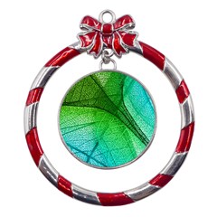 3d Leaves Texture Sheet Blue Green Metal Red Ribbon Round Ornament