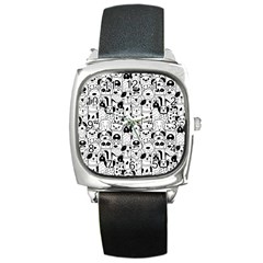 Seamless Pattern With Black White Doodle Dogs Square Metal Watch