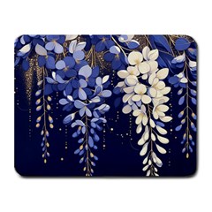 Solid Color Background With Royal Blue, Gold Flecked , And White Wisteria Hanging From The Top Small Mousepad by LyssasMindArtDecor