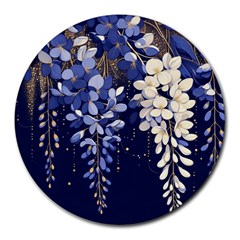 Solid Color Background With Royal Blue, Gold Flecked , And White Wisteria Hanging From The Top Round Mousepad by LyssasMindArtDecor