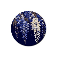 Solid Color Background With Royal Blue, Gold Flecked , And White Wisteria Hanging From The Top Rubber Coaster (round) by LyssasMindArtDecor
