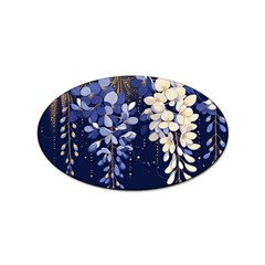 Solid Color Background With Royal Blue, Gold Flecked , And White Wisteria Hanging From The Top Sticker (oval) by LyssasMindArtDecor