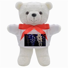 Solid Color Background With Royal Blue, Gold Flecked , And White Wisteria Hanging From The Top Teddy Bear by LyssasMindArtDecor