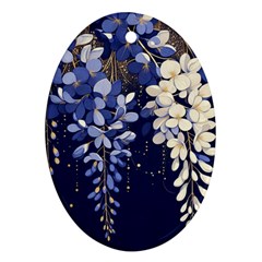Solid Color Background With Royal Blue, Gold Flecked , And White Wisteria Hanging From The Top Oval Ornament (two Sides) by LyssasMindArtDecor