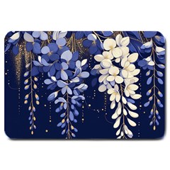 Solid Color Background With Royal Blue, Gold Flecked , And White Wisteria Hanging From The Top Large Doormat by LyssasMindArtDecor