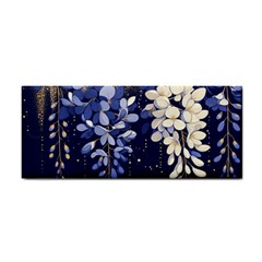 Solid Color Background With Royal Blue, Gold Flecked , And White Wisteria Hanging From The Top Hand Towel by LyssasMindArtDecor