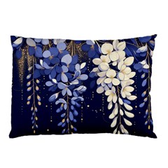 Solid Color Background With Royal Blue, Gold Flecked , And White Wisteria Hanging From The Top Pillow Case (two Sides) by LyssasMindArtDecor