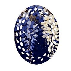 Solid Color Background With Royal Blue, Gold Flecked , And White Wisteria Hanging From The Top Oval Filigree Ornament (two Sides) by LyssasMindArtDecor