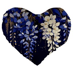 Solid Color Background With Royal Blue, Gold Flecked , And White Wisteria Hanging From The Top Large 19  Premium Heart Shape Cushions by LyssasMindArtDecor