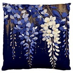 Solid Color Background With Royal Blue, Gold Flecked , And White Wisteria Hanging From The Top Large Premium Plush Fleece Cushion Case (two Sides) by LyssasMindArtDecor