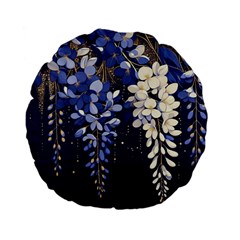 Solid Color Background With Royal Blue, Gold Flecked , And White Wisteria Hanging From The Top Standard 15  Premium Flano Round Cushions by LyssasMindArtDecor