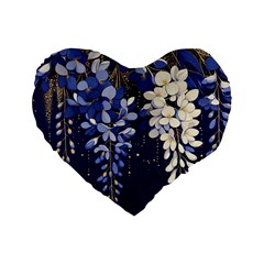 Solid Color Background With Royal Blue, Gold Flecked , And White Wisteria Hanging From The Top Standard 16  Premium Flano Heart Shape Cushions by LyssasMindArtDecor