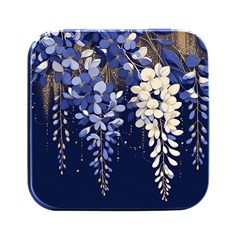 Solid Color Background With Royal Blue, Gold Flecked , And White Wisteria Hanging From The Top Square Metal Box (black) by LyssasMindArtDecor