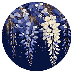 Solid Color Background With Royal Blue, Gold Flecked , And White Wisteria Hanging From The Top Uv Print Acrylic Ornament Round by LyssasMindArtDecor