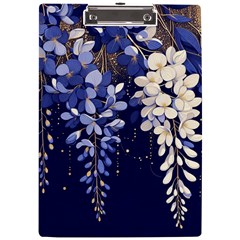 Solid Color Background With Royal Blue, Gold Flecked , And White Wisteria Hanging From The Top A4 Acrylic Clipboard by LyssasMindArtDecor
