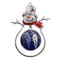 Solid Color Background With Royal Blue, Gold Flecked , And White Wisteria Hanging From The Top Metal Snowman Ornament by LyssasMindArtDecor