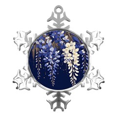 Solid Color Background With Royal Blue, Gold Flecked , And White Wisteria Hanging From The Top Metal Small Snowflake Ornament by LyssasMindArtDecor