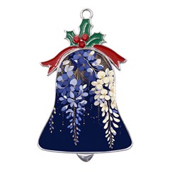 Solid Color Background With Royal Blue, Gold Flecked , And White Wisteria Hanging From The Top Metal Holly Leaf Bell Ornament by LyssasMindArtDecor