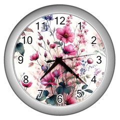 Flora Floral Flower Petal Wall Clock (Silver)