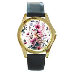 Flora Floral Flower Petal Round Gold Metal Watch