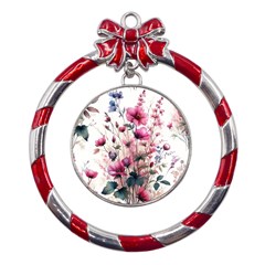 Flora Floral Flower Petal Metal Red Ribbon Round Ornament