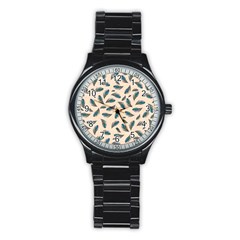 Background Palm Leaves Pattern Stainless Steel Round Watch by Maspions