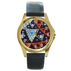 Fractal Triangle Geometric Abstract Pattern Round Gold Metal Watch