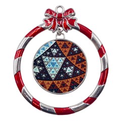 Fractal Triangle Geometric Abstract Pattern Metal Red Ribbon Round Ornament
