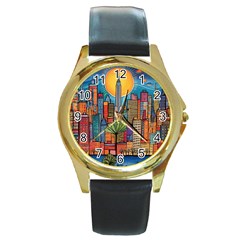 City New York Nyc Skyscraper Skyline Downtown Night Business Urban Travel Landmark Building Architec Round Gold Metal Watch