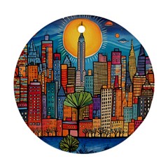 City New York Nyc Skyscraper Skyline Downtown Night Business Urban Travel Landmark Building Architec Round Ornament (two Sides)