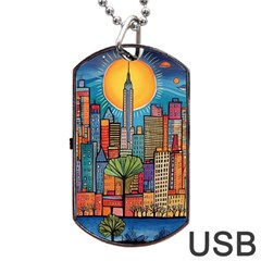 City New York Nyc Skyscraper Skyline Downtown Night Business Urban Travel Landmark Building Architec Dog Tag Usb Flash (one Side)