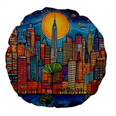 City New York Nyc Skyscraper Skyline Downtown Night Business Urban Travel Landmark Building Architec Large 18  Premium Flano Round Cushions