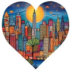 City New York Nyc Skyscraper Skyline Downtown Night Business Urban Travel Landmark Building Architec Wooden Puzzle Heart