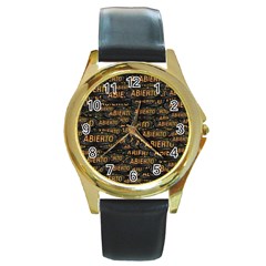 Abierto Neon Lettes Over Glass Motif Pattern Round Gold Metal Watch