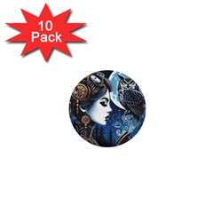 Steampunk Woman With Owl 2 Steampunk Woman With Owl Woman With Owl Strap 1  Mini Buttons (10 Pack) 