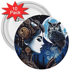 Steampunk Woman With Owl 2 Steampunk Woman With Owl Woman With Owl Strap 3  Buttons (10 Pack) 