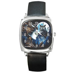 Steampunk Woman With Owl 2 Steampunk Woman With Owl Woman With Owl Strap Square Metal Watch