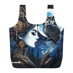 Steampunk Woman With Owl 2 Steampunk Woman With Owl Woman With Owl Strap Full Print Recycle Bag (l)